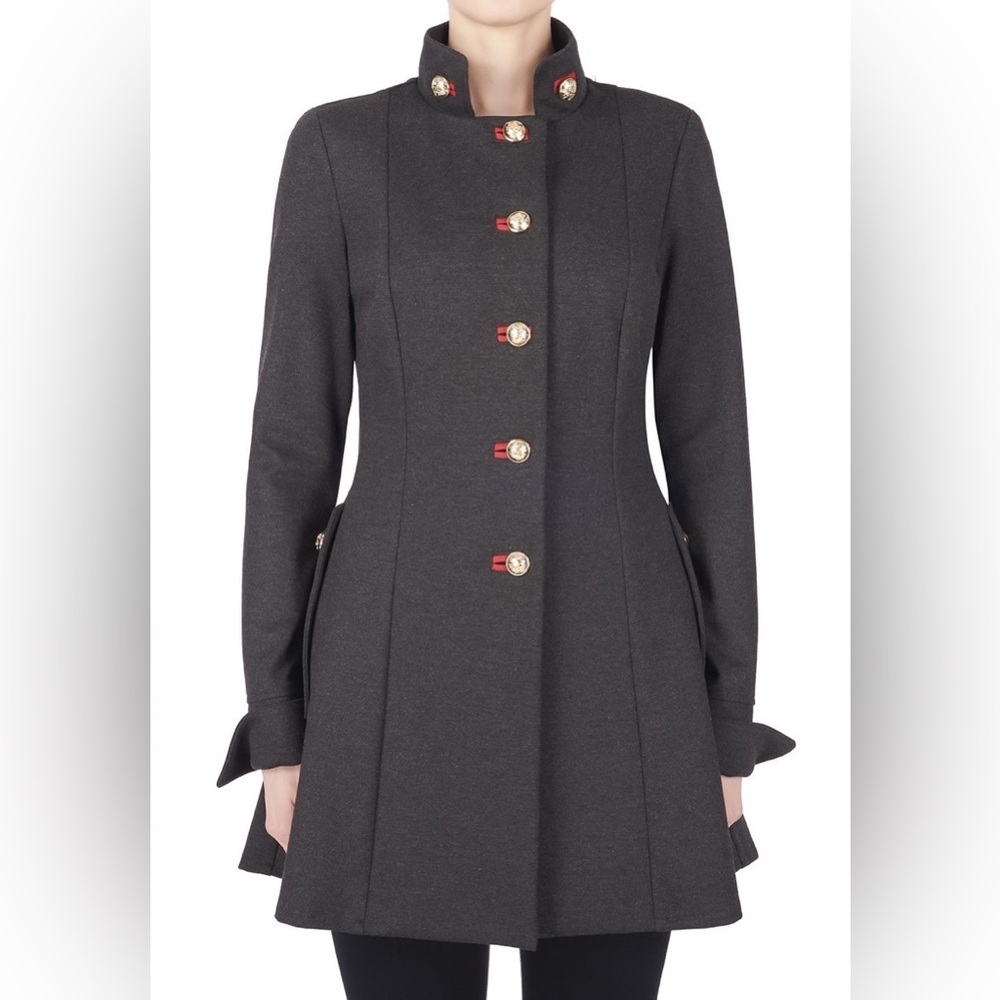 Joseph Ribkoff Charcoal Grey/Ruby Military Style Peplum Coat (173308) - Size 6